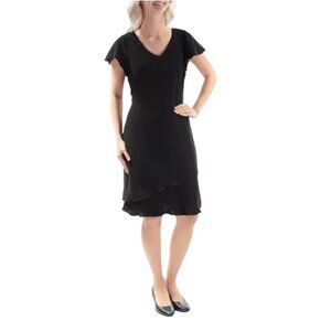 S.L. Fashions Womens Elegant Black Size 8 Petite V-Neck Layered Hem Dress Party